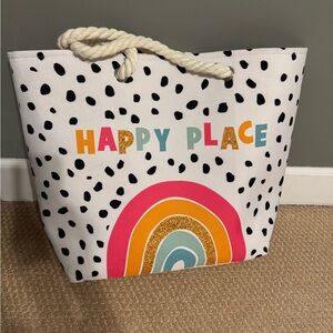 “HAPPY PLACE” Polka Dot Tote with Rainbow Design